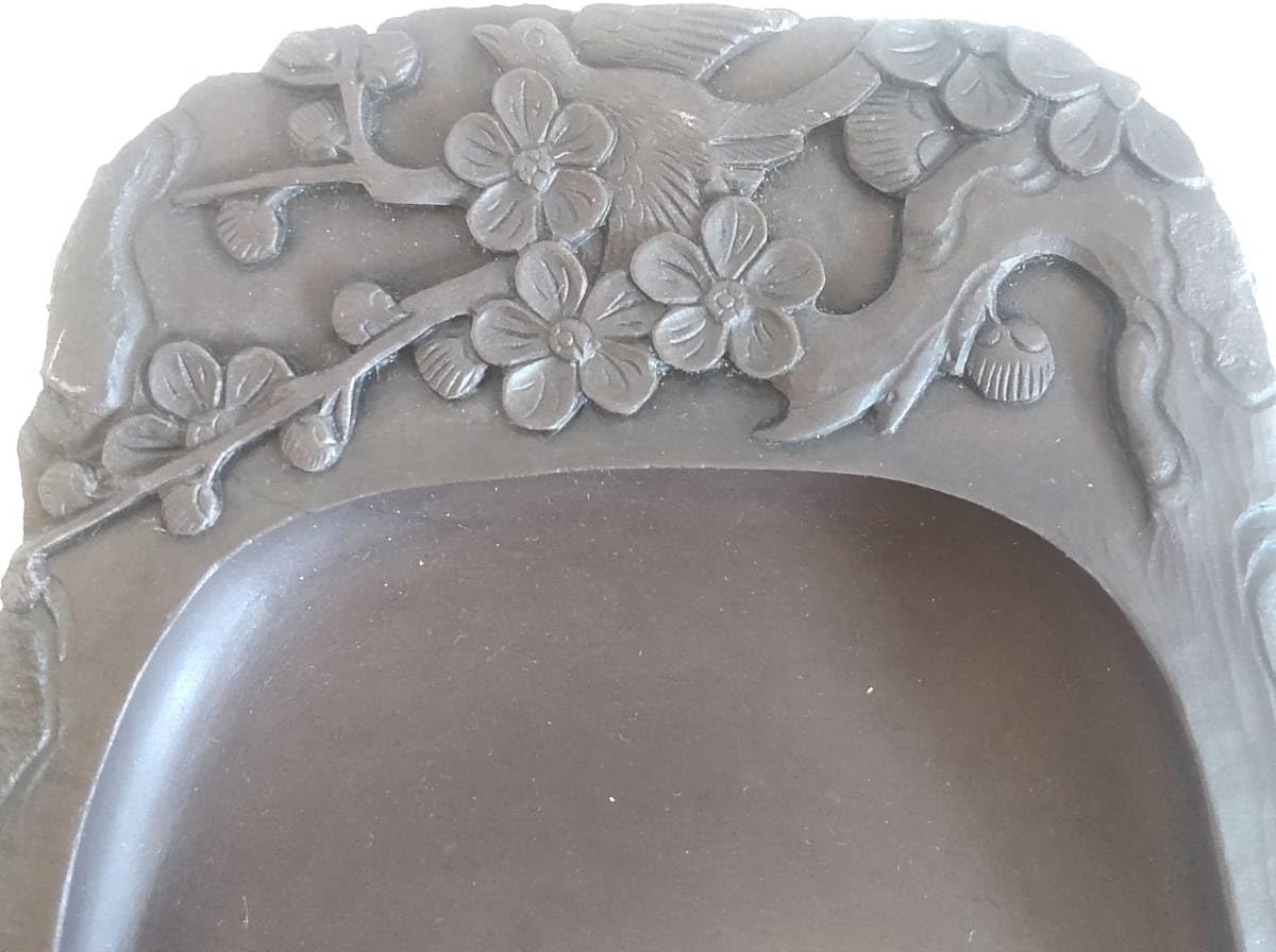 中国高級 端渓名硯 書道具 梅 ウグイス？ 箱付き 未使用】中国高級 端渓